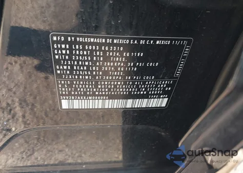 2018 Volkswagen Tiguan 2.0T Se/2.0T Sel z USA, uszkodzony, nr VIN 3VV2B7AXXJM086084